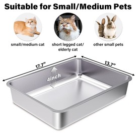 FUTAM Stainless Steel Litter Box Small to Medium,17.5" x 13.5" x 4" Litter Box for Kittens,Easy Clean Non Stick Low Entry No Smell Metal Litterbox for Senior Cats or Short Legged Cat/Rabbits