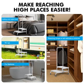 FORTEMOTUS 2 Step Stool with Handle for Elderly - Heavy Duty Bed Steps for High Beds for Adults with Adjustable Handrail &Non-Skid Platform, Foot Stool Ladder for Bedside, Kitchen, Car, RV, Bathtub