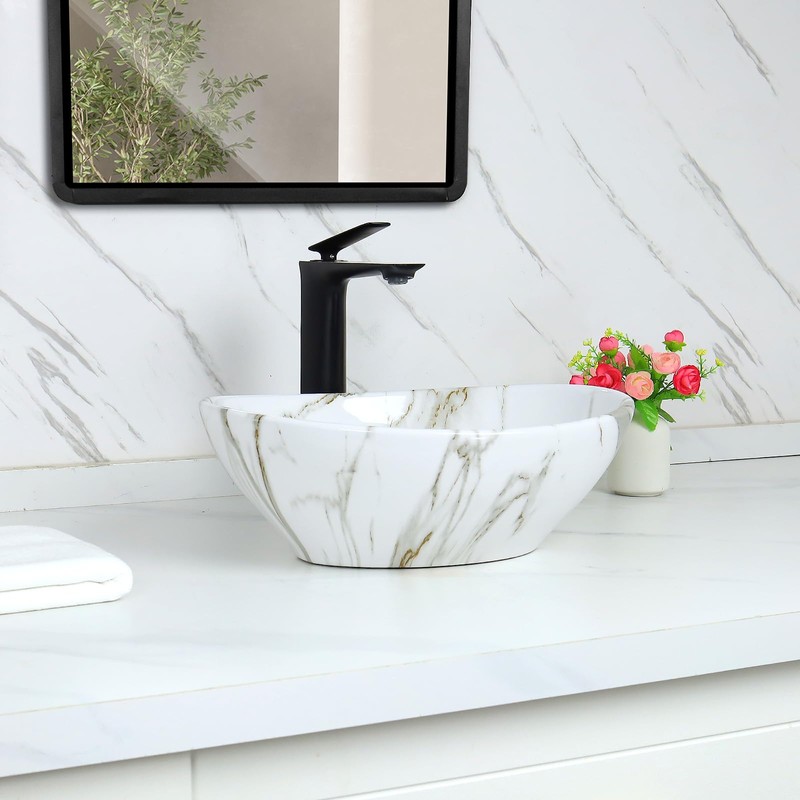 Davivy 16.3"x13.4" White Marbling Bathroom Vessel Sink with Pop Up