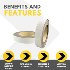 Gloss White Magnetic Tape Roll Easy Wipe Racking Strip 25mm Wide x 0.8mm Thick x 10M Long - Magnetic Whiteboard Strips, Writable Magnet Magnet Sheet - Magnetic Whiteboard Tape Write on Wipe Off