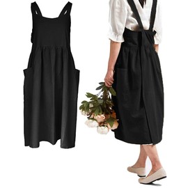 Women Girls Vintage Cute Apron Gardening Works Cross Back Cotton/Linen Blend Aprons Pinafore Dress with Two Pockets (black)