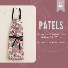 ESSEX - Patels Cooking Apron, 60 x 75 cm, 100% Cotton, Kitchen Apron, Flowers, Grey