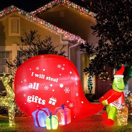 Christmas Green Big Monster Inflatable Decorations, Light Up Inflatable Christmas Outdoor Decoration Build-in 8 LED, Christmas Blow up Green Big Monster Stealing Gifts Decor for Garden Yard (Red)