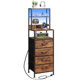 WLIVE Tall Nightstand with Charging Station, LED Night Stand with 4 Drawers and Storage Open Shelves, Fabric Dresser for Bedroom, Living Room, Office, Rustic Brown