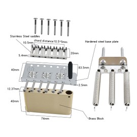 OVSAL 10.5mm Electric Guitar Bridge Gold 6 Point tremolo bridge Stainless Steel Saddles Plate Brass Block Electric Guitar Bridge 6 String Start Stratocaster
