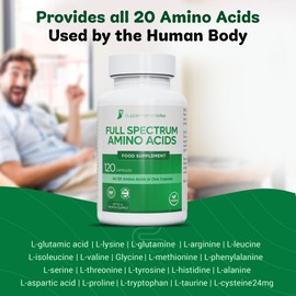 Full Spectrum Amino Acids Complex - 120 Powder Capsules - Free Form Amino Acid Supplements - Includes Essential (EAA) and BCAA for Optimal Benefits - Suitable for Vegans - Up to 4 Month Supply