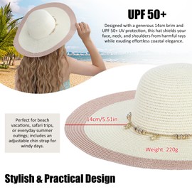 LY4U Women's Beach Sun Straw Hat with Chin Strap, Floppy UPF50+ Foldable Summer Hats with Wide Brim for Travel, Holiday, Outdoor, White, Unit size