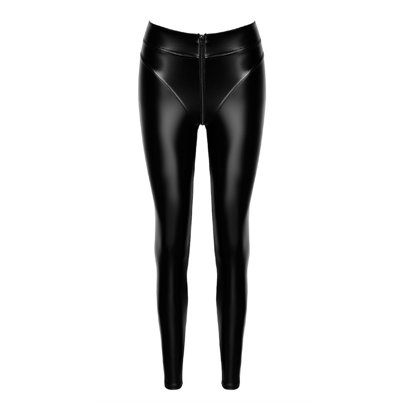 Noir Handmade F332 Ouvert Wetlook Leggings, Black Leggings with 2-Way