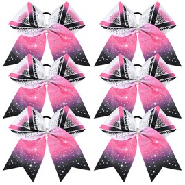 DEEKA 6PCS 8" Large Glitter Cheer Bows Black and Pink Gradient Color Rhinestone Shiny Cheer Hair Bows Elastic Band Ponytail Holder for Cheerleader Girls Sports -White/Pink/Black