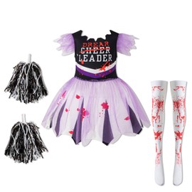 MOMMY'S NEW MAN Girl Scary Bloody Cheerleader Costume Blackish Purple Zombie Cheerleader Costume Cosplay Fearsome Skirt (3-4 Years)