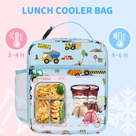 Clastyle Insulated Lunch Bag for Kids Boys | Large Portable Lunch Cooler Bag for Outdoor Picnics, Back to School, Lightweight Lunch Box with Bottle Holder, Belt | Blue Construction Trucks