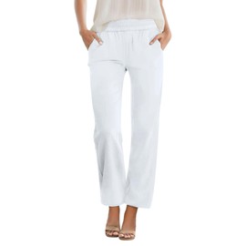 JEKAOYI Womens Casual Summer Straight Leg Pants Elastic High Waist Beach Capris with Pockets White