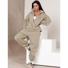 Himosyber Women Sweatsuits Half Zip Fleece Sweatshirt and Pant 2 Piece Joggers Set Tracksuit (Khaki-S)