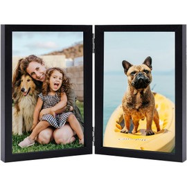 THCASITO 5x7 Double Picture Frame Vertical Wooden Hinged Photo Frame 2 Opening Folding Collage with Definition Glass, Black