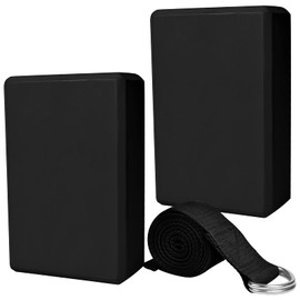 Chstarina Yoga Block Set of 2 with 1 1.8 m Cotton Yoga Strap, Yoga Block Made of EVA Foam Hard Foam Yoga Set Yoga Block Yoga Strap Fitness Accessories Aid for Yoga and Pilates (Black)