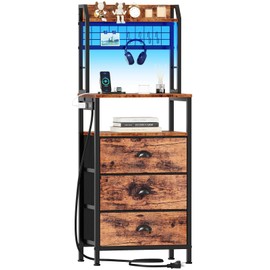 Furologee 44'' Tall Nightstand with Charging Station, Bedside Table with LED Lights, End Table with 3 Drawers and Storage Shelves, Night Stand with Pegboard for Bedroom, Rustic Brown
