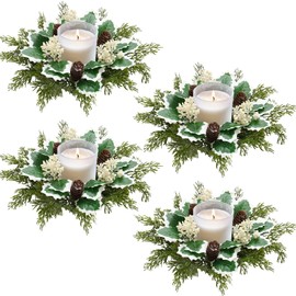 Betylifoy Christmas Candle Rings 4 Pcs Artificial White Berries Pinecones Garland Xmas Pine Needles Wreath Candle Rings Holder for Pillars Christmas Wedding Table Centerpieces Decor (White)