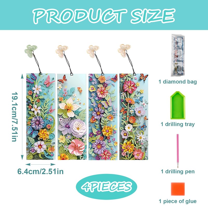 4 Pcs 5D Flowers and Butterfly Diamond Art Bookmarks