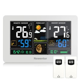 Newentor Weather Station, Indoor Outdoor Thermometer Wireless with 2 Temperature Humidity Sensor, 328FT Long Working Range, USB Charging Port and Adjustable Backlight White