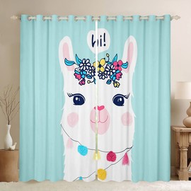 Feelyou Girls Cute Llama Curtain for Bedroom Living Room Cartoon Llama Alpaca Blackout Drapes (30-50%) Daughter Teal Lovely Animal Decor Drakening Window Curtains Treatments (2 Panels, 42 x 84 Inch)