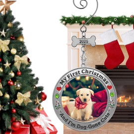Puppy Photo Xmas Ornament 2025 - My First Christmas and I'm Dog-Gone Cute - Tree Decoration - Green Jewel Accents with Bone Charm - S-Hook - Gift-Storage Bag Included - 3" D
