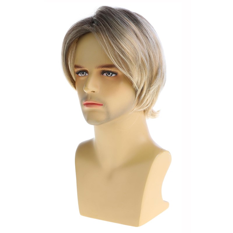 RicHyun Mens Short Layered Blonde Wig Dark Roots Synthetic Halloween
