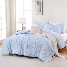Yibeizi Queen Comforter Set, Cooling Lightweight Summer Bedding Comforter Sets, Blue Floral Cute Patterned Soft Breathable All-Season Comforters with 2 Pillow Shams