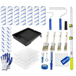 32PCS Paint Roller Kit with Extension Pole - 2 to 4 FT Pole, 4 inch 9 inch Paint Rollers, Paint Brushes for Walls, Painters Tape & Drop Cloth, Microfiber Roller Covers for Professional Painting