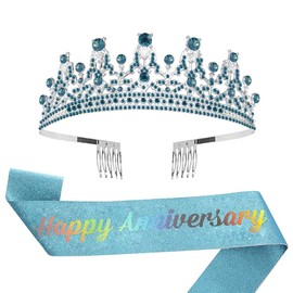 Tiara for Women Anniversary Happy Anniversary Tiara and Sash Set for Celebration Party Supplies Gifts Favors and Decorations Blue Crowns for Women Gifts