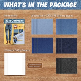 TransOurDream Tru-Iron on Patches for Jeans Repair (15pcs, 4.75"x4.75", M Size), Denim Iron-on Repair Patches, Jeans and Clothing Repair and Decorating kit, Denim Patch for Jeans Inside (5 Colors)