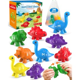 KOSMOX Juguetes de Aprendizaje con Dinosaurios 26 Piezas – Juguetes Educativos Montessori para Niños de 3 a 5 Años, Actividades Preescolares, Juego de Emparejar ABC de Doble Cara