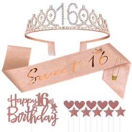 Jonvell 16th Birthday Sash and Tiara for Girls, Rose Gold Birthday Sash and Crown, 16th Birthday Girl Gifts for 16th Birthday Party Decoration