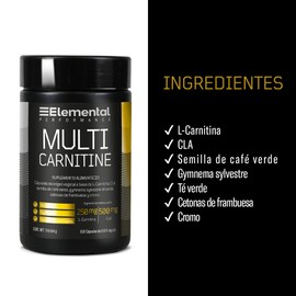 Elemental Performance Multi L Carnitine Suplemento en cápsulas 60 Porciones, Mezcla de L-Carnitina, CLA, Té Verde, Café Verde y Extractos Herbales para el Preentrenamiento, Libre de Gluten, Sin Azúcares Añadidos, 39.9g.
