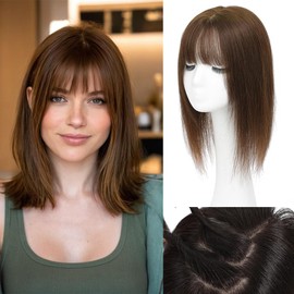 HVVZOY Hair Toppers for Women Real Human Hair， 360°3D Big Basement Cover Topper for Women with Thinning Crown with Wispy Clip in Bangs Realistic Scalp (Medium Brown, Wispy 16INCH)