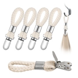 6-Pack Hanging Towel Cinch Clip, Metal Clamping Towel Clips, Bath Hand Tea Dish Towels Holder, Portable with Braided Cotton Loop, Suitable for Bathroom Kitchen, 4.5 × 0.9 Inches, Beige