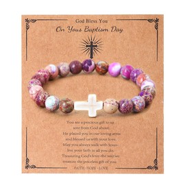 LUOKIFUR Ladies Cross Bracelet Baptism Gift Christian Catholic Religious Natural Stone Bead Bracelet Inspirational Gift for Her (Purple mixed color)