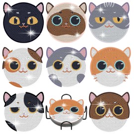 FOWSEEK Diamond Painting Coasters, 8 PCS Cat Diamond Art Coasters with Holder, Cute Diamond Painting Kits for Adults & Beginners, Diamond Art Craft Supplies