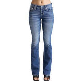 Miss Me Women's Classic Saddle Stitch Faux Flap Pockets Mid-Rise Bootcut Jeans (Dark Blue, 28W x 32L)