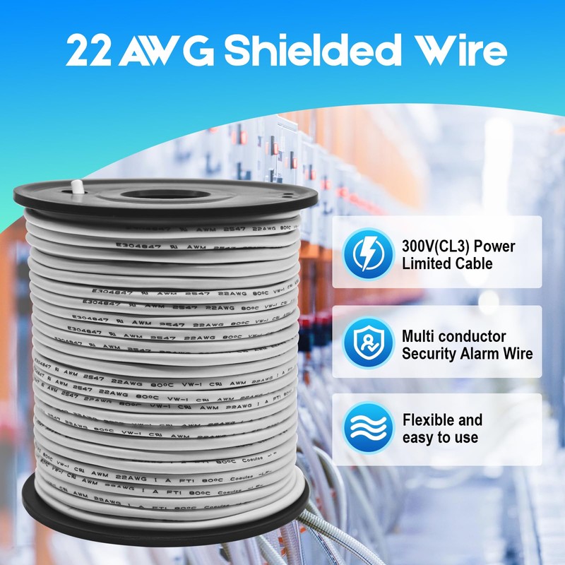22/4 Shielded Wire 50FT CL3P Jacket Pure Copper Wire, Spool