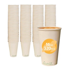 100% Compostable Disposable Coffee Cups [16oz 320 Pack] Paper Cups Made from Bamboo, Eco-Friendly, Biodegradable Premium Party Cups, Natural Unbleached by Earth's Natural Alternative