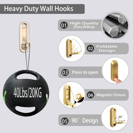 EASTOU 2pcs Foldable Zinc Alloy Wall Hooks for Hanging - Heavy Duty Wall Hook with 90° Rotation, Multi-Purpose Hangers for Bathroom, Kitchen, Living Room, Easy to Install (Gold)