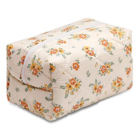 Saikaspotts Quilted Makeup Bag, Floral Cosmetic Bag Cute Handmade Aesthetic Pink Toiletry Bag Flower Coquette Accessories Cotton Pouch for Women, Yellow, Small