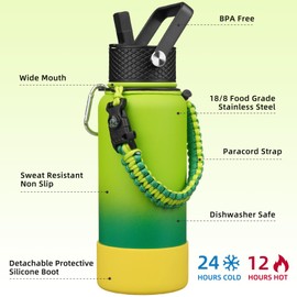 BJPKPK 32oz Insulated Water Bottles with 3 Lids, Paracord Handle & Non-slip Boot, Stainless Steel Metal Water Bottle,Reusable BPA Free Thermos, Tumblers, Bamboo Grove