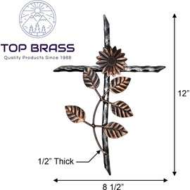 12” Metal Wall Mount Cross – Sunflower/Daisy Floral Garden Design – Holy Celtic Crucifix Silver & Copper Finish, Modern Rustic Jesus Art Sculpture
