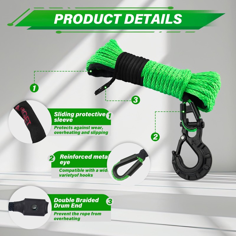 TYT Synthetic Winch Rope Kit - 1/4'' x 50' with