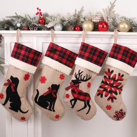 Yuokwer Christmas Stockings with Reindeer and Snowflake, 2 Pack 18" Christmas Stocking Deer Snowflake Burlap Plaid Xmas Stocking Holiday Christmas Decoration Gifts for Family (Traditional, Set of 4)