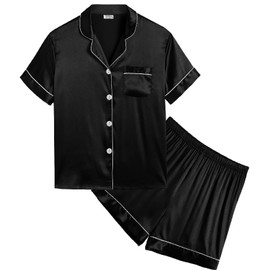 SWOMOG Silk Satin Pajamas Set Short Sleeve Button-Down PJs Two-Piece Lounge Sets Sleepwear