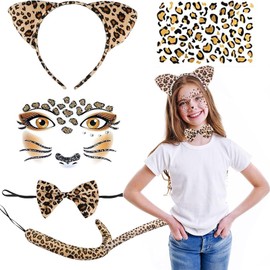 YEWCEP Leopard Costume Women & Children, 5 Pieces: Leopard Print Headbands, Tails, Bow Tie, Tattoo Sticker Sets for Carnival, Fancy Dress, Party Animals