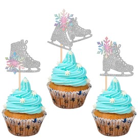 24 piezas de adornos para cupcakes de patinaje sobre hielo, con purpurina, para deportes de hielo, copos de nieve, para patinaje, baby shower, niños, fiesta de cumpleaños, decoración de pasteles, color plateado