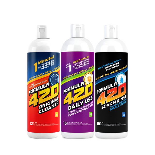 Formula 420 Bundle Pack : 1 Formula 420 Glass Metal Ceramic Original Cleaner 12 oz, 1 Formula 420 Daily Use 16oz Concentrate makes 32oz & 1 Formula 420 Soak-N-Rinse 16 oz (3 bottles)